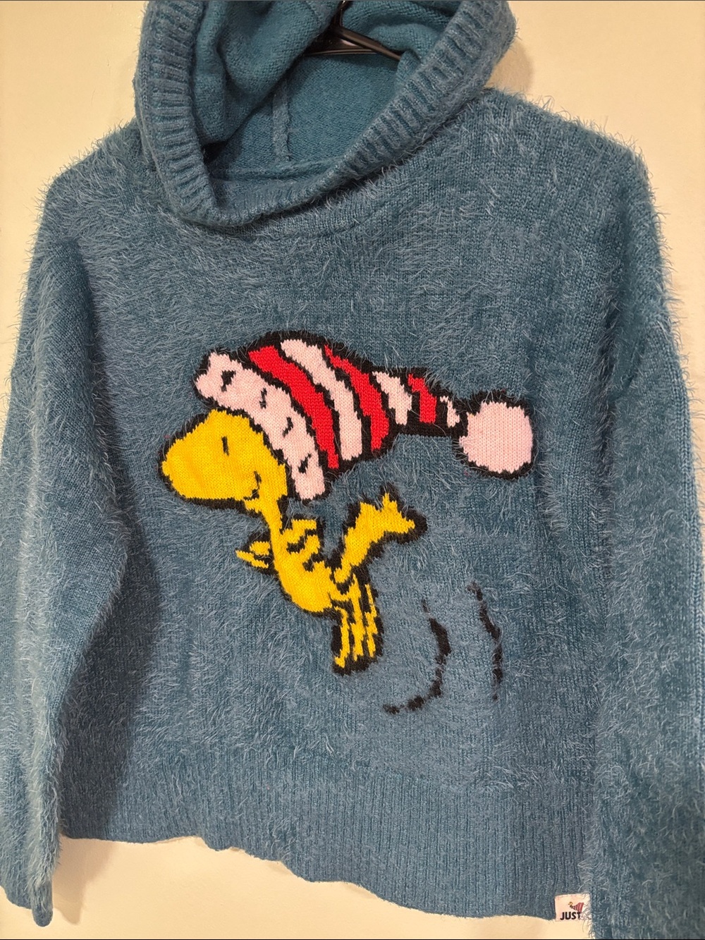 Snoopy Cozy Festive Holiday  Blue Fuzzy Hoodie Sweater with Woodstock Graphic